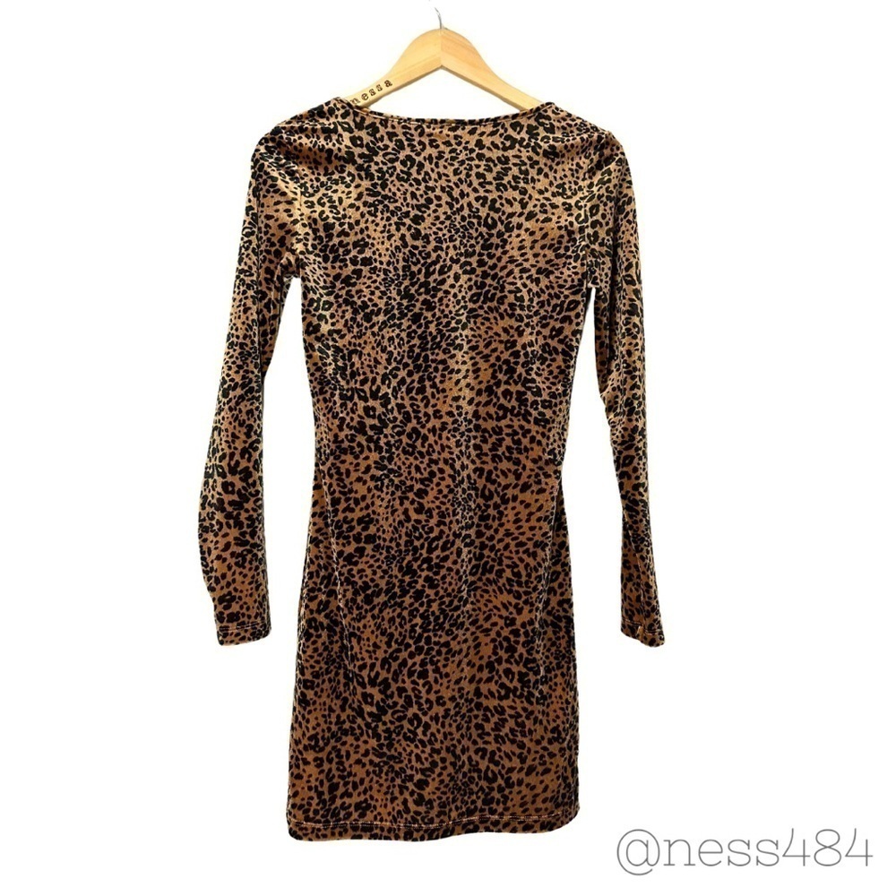 Forever‎ 21 Long Sleeve Leopard Print Velvet Mini Dress Square Neck Slit M - Picture 2 of 5